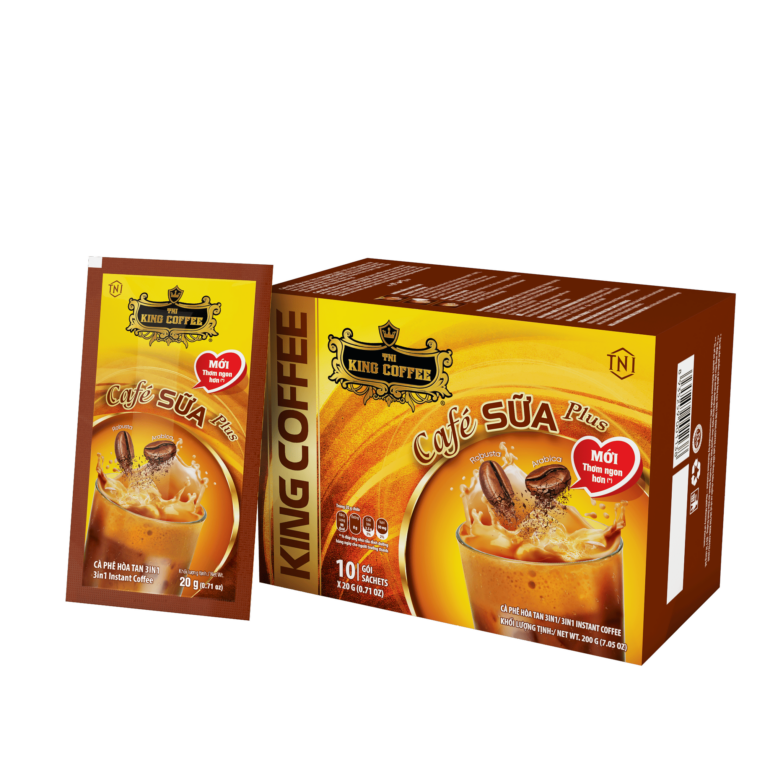 KING COFFEE Café SỮA Plus - Hộp 200g (1 dây x 10 sachets x 20g) - mat sau + sachets