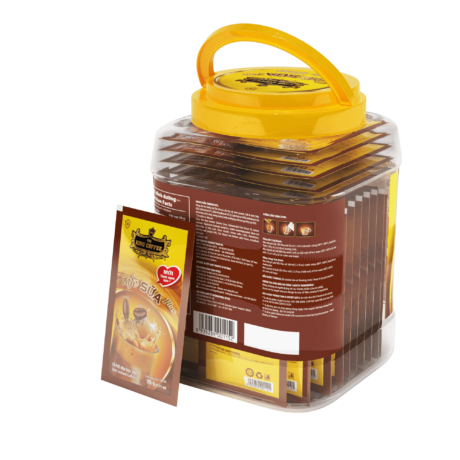 KING COFFEE Café SỮA Plus - Hộp nhựa 600g (3 dây x 10 sachets x 20g) - mat sau + sachets